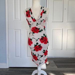 White and floral pink bodycon dress - M -